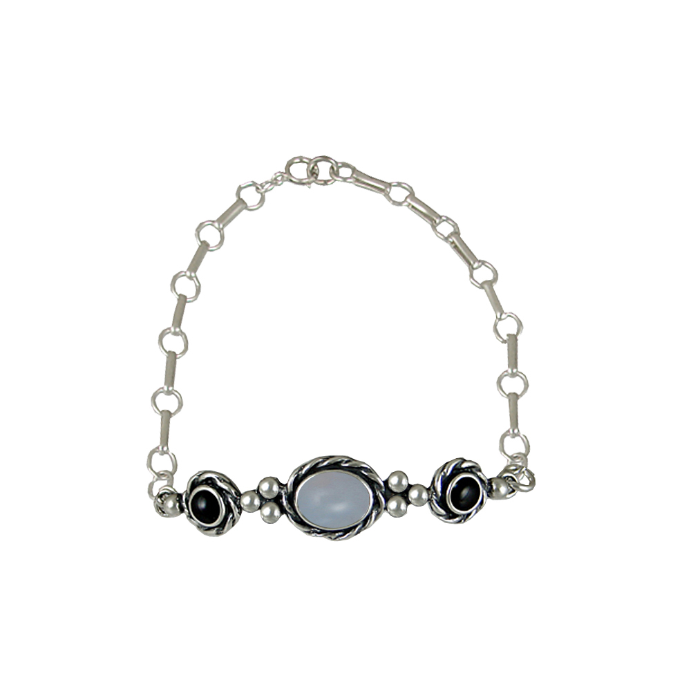 Sterling Silver Gemstone Adjustable Chain Bracelet With Chalcedony And Black Onyx